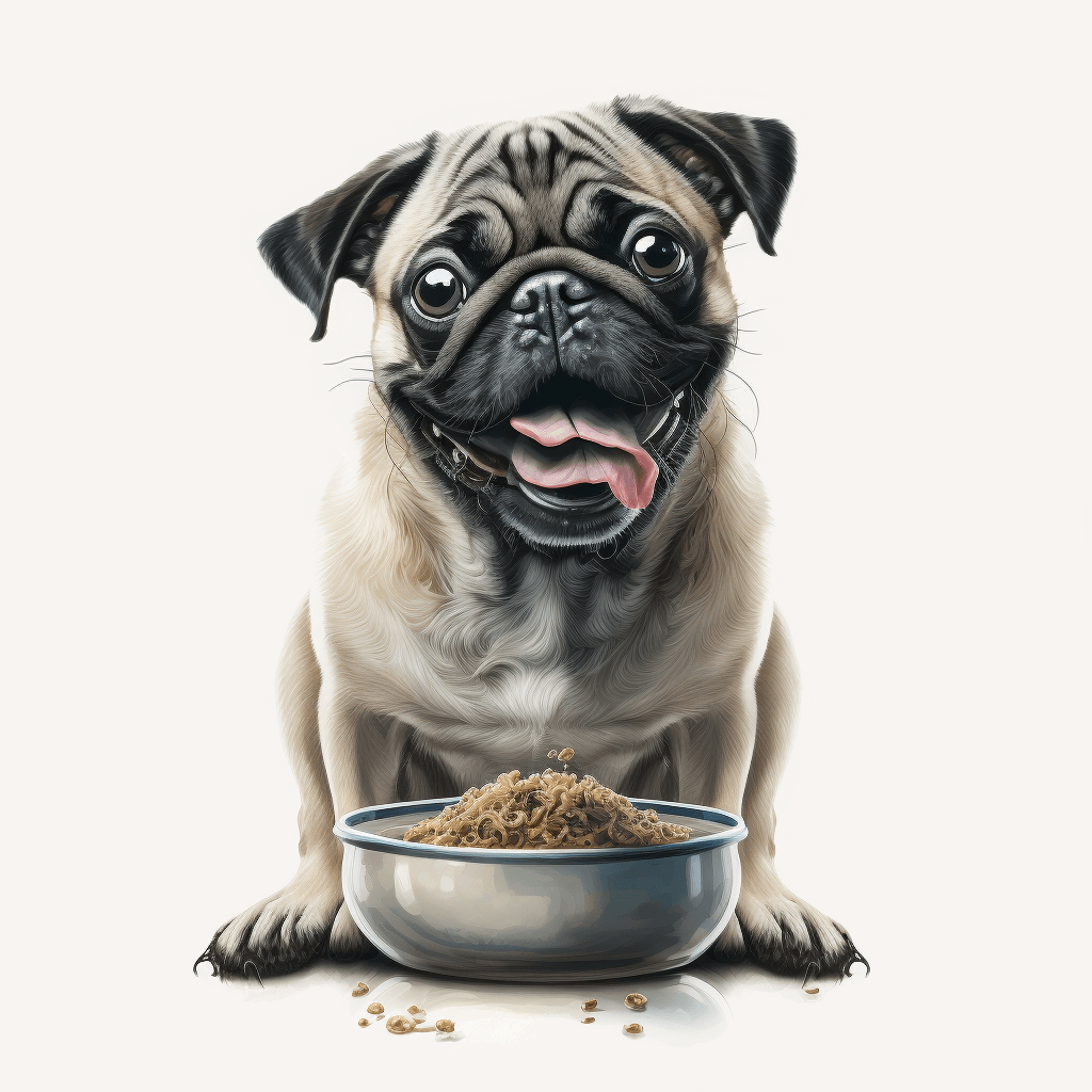 Happy Pug Eating Dog Food From Dog Bowl