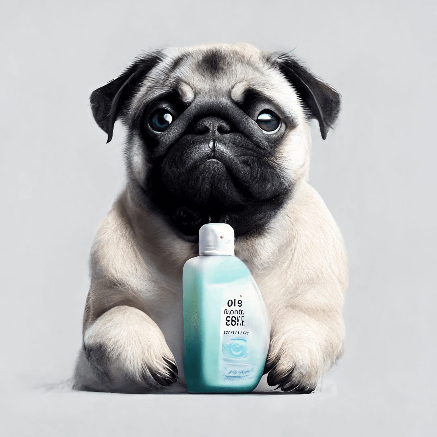 Pug Holding a Bottle of Shampoo