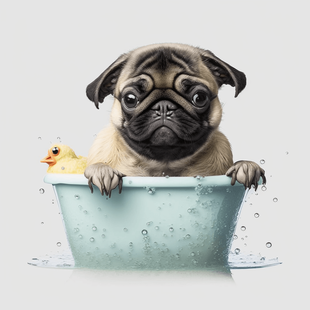 Pug Taking a Soapy Bath in a Bathtub